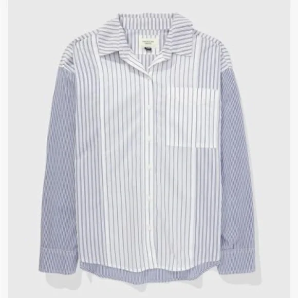 American Eagle Womens Core Perfect Button Down Shirt in Blue White Stripe Mix - Picture 3 of 8